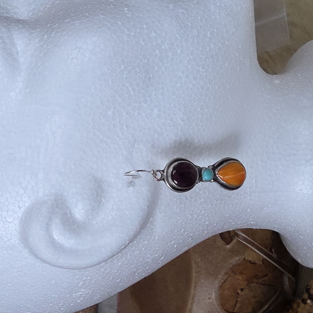 Beautiful Native American Navajo Handmade Turquoise & Spiny Earrings 🩵💜🧡🌅🎁 - Picture 8 of 10